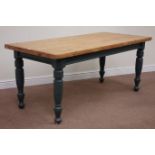 Edwardian painted turned table base with rectangular waxed pine table, 81cm x 175cm,