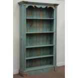 19th century rustic blue painted pine four heights bookcase, W122cm, H207cm,