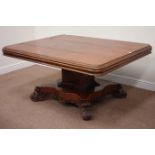 Mid 19th century mahogany rectangular tilt top table, raised on canted concave square column,