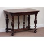 Edwardian oak rectangular top table with rounded corners, raised on multiple pillar base,