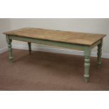 Rustic waxed pine rectangular dining table on turned painted base, 204cm x 88cm,