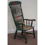 19th century rustic painted country beech and ash painted turned stick back armchair,