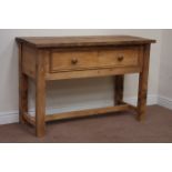 Large waxed pine single drawer dresser raised on 'H' stretcher base, W131cm, H87cm,
