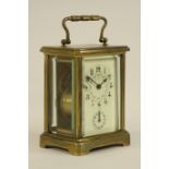 20th century bevel glass panelled and brass alarm carriage clock, French movement,