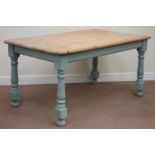 Rectangular waxed pine top table, raised on turned painted base, 153cm x 90cm,