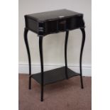 19th century ebonised and amboyna banded serpentine front work box, hinged lid enclosing drawers,