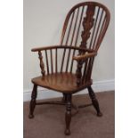 Early 19th century elm and ash double hoop stick and fret work vase splat back Windsor armchair