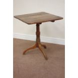 19th century pine tilt top table raised on turned beech tripod base, 59cm x 62cm,