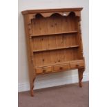 Pine wall hanging three heights plate rack fitted with three small drawers, W86cm, H112cm,