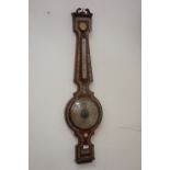 Regency mother of pearl inlaid rosewood barometer, mercury thermometer, swan neck top pediment,