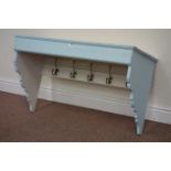 Blue and white painted pine coat rack with canopy, W95cm, H52cm,