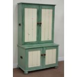 19th century painted pine cupboard on cupboard enclosed by four panelled doors, W104cm, H177cm,