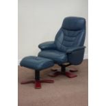 Swivel armchair upholstered in blue leather with matching stool Condition Report