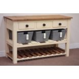 Rustic waxed pine top dresser with painted two tier potboard base fitted with three canvas slides