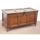 18th century and later panelled oak coffer, hinged lid, with carved detail, W119cm, H61cm,