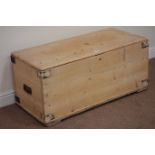 19th century stripped waxed pine blanket box, metal bound,