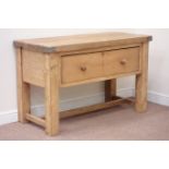 Reclaimed waxed pine plank top single drawer dresser raised on stretcher base, W131cm, H82cm,