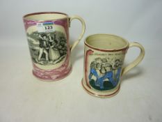 Two Early 19th Century Sunderland lustre 'Frog' mugs depicting a sailor leaving home and 'Merrily