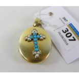 Victorian gold locket set with a turquoise and pearl cross tested to 15ct,