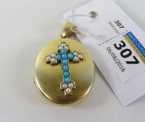 Victorian gold locket set with a turquoise and pearl cross tested to 15ct,