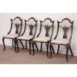 Set four Edwardian walnut chairs upholstered seat and back,
