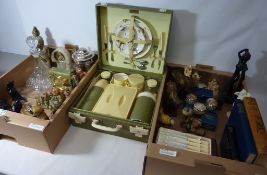 Brexton vintage picnic set complete, sliver plated tankard, clocks, carved sculptures,