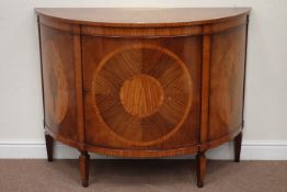 Quality inlaid rosewood and walnut demi-lune commode cabinet, sand etched fan motif in satin wood,