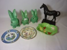 Three green reproduction Sylvac rabbits, Winton leaf dish,