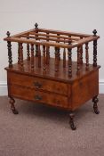 Edwardian walnut Canterbury fitted with two drawers, W57cm, H65cm,