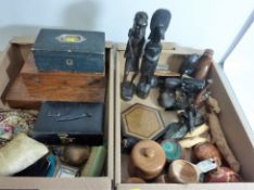 Carved African figures, treen boxes, jewellery box,