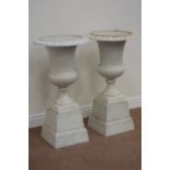 Pair antique white finish Victorian style urns on plinths, egg and dart rim decoration, D47cm,