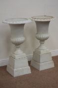 Pair antique white finish Victorian style urns on plinths, egg and dart rim decoration, D47cm,