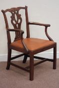 Georgian mahogany wide seat armchair, fretwork splat back,