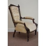 Victorian walnut Gentleman's armchair upholstered in beige buttoned fabric,