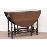 18th century oak oval drop leaf dining table, raised on double turned gateleg base, 108cm x 127cm,