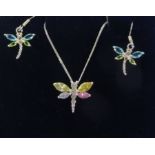 Stone set Dragonfly pendant on chain and matching pair of earrings stamped 925 Condition