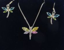 Stone set Dragonfly pendant on chain and matching pair of earrings stamped 925 Condition