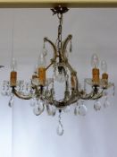 Mid 20th century six branch glass and crystal chandelier centre light fitting,