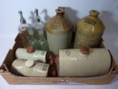 Scarborough stoneware hot water bottles, two stoneware flasks,