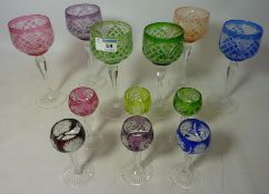 Set of six cut glass coloured hock glasses and six similar smaller glasses Condition