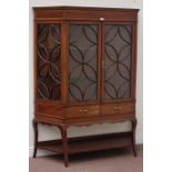 Edwardian inlaid mahogany astragal glazed display cabinet enclosed by two doors above two drawers,