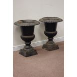 20th century pair cast iron garden urns, egg and dart moulding with gadroon baluster, D56cm,