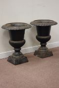 20th century pair cast iron garden urns, egg and dart moulding with gadroon baluster, D56cm,