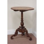 19th century inlaid walnut Italian Sorrento table, raised on carved tripod base, 62cm x 45cm,