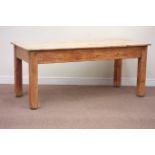 19th century waxed pine rectangular table raised on square base, 79cm x 180cm,
