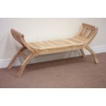 Curved x-framed solid teak bench, W121cm Condition Report <a href='//www.