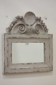 French style distressed grey painted mirror with ornate pediment,