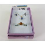 Gold citrine dress ring hallmarked 9ct and a necklace set blue stone and matching earrings