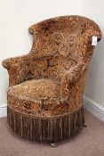 19th century high curved back armchair, upholstered in geometric design chenille fabric,