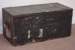 Early 20th century painted pine and metal bound travelling trunk,